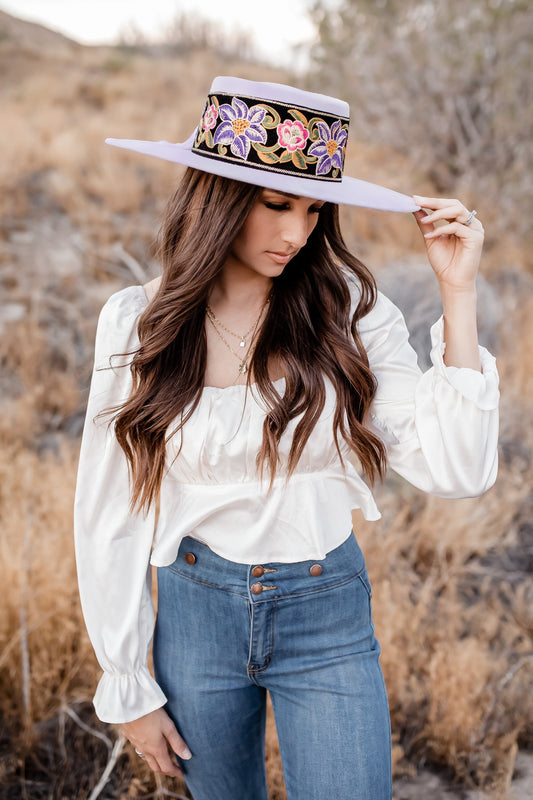 Boater hat “Charlotte” in lavender *Limited edition*